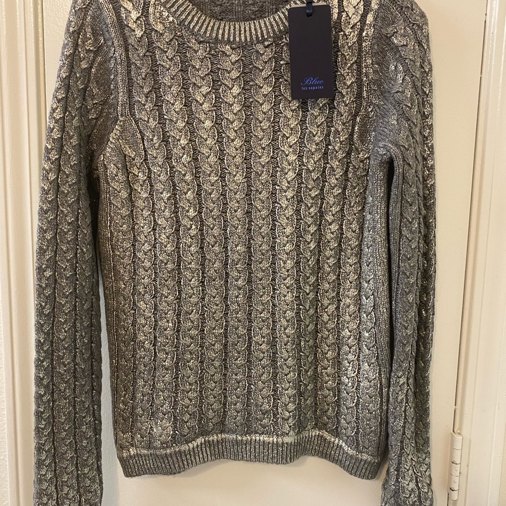 Les Copains Metallic Gray Cable Knit Sweater